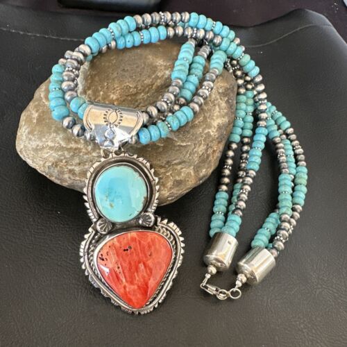 Navajo Pearls Blue Turquoise Spiny Pendant Necklace | Sterling Silver | 3-Strand | 16827