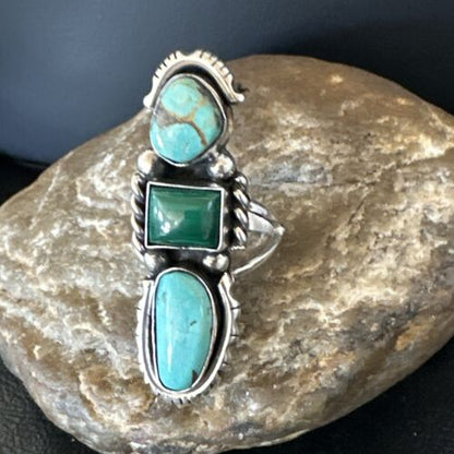Navajo Blue Turquoise Malachite Cluster Ring | Authentic Native American Sterling Silver | Multi-Stone | Sz 10 | 17643