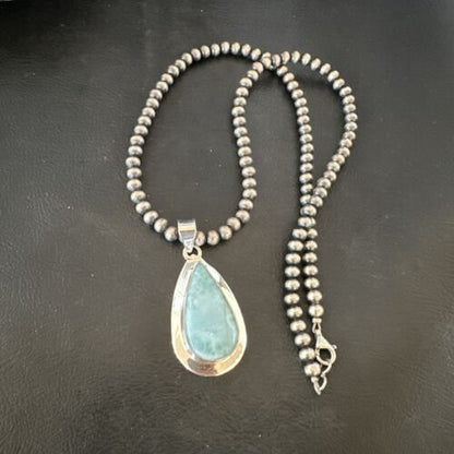 Navajo Blue Larimar Pendant Necklace | Sterling Silver Beads | Authentic Native American Handmade | 16963