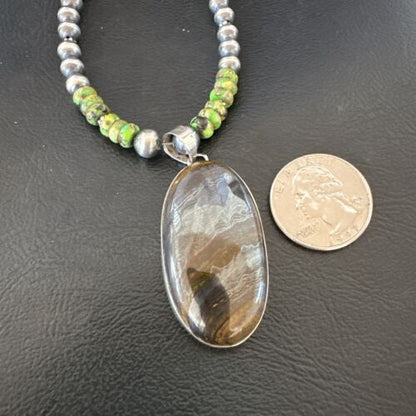 Navajo Green Turquoise Jasper Pendant | Sterling Silver Necklace | Authentic Native American Handmade | 16922