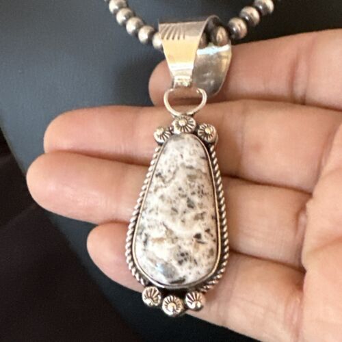 Men's White Buffalo Turquoise Pendant Necklace | Navajo Pearl Sterling Silver | 17045