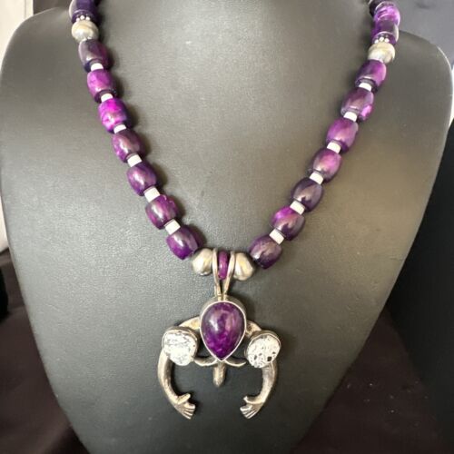 Navajo Purple Sugilite White Buffalo Naja Pendant | Sterling Silver | Authentic Native American Handmade | 15024
