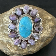Navajo Kingman Turquoise Charoite Ring | Authentic Native American Sterling Silver | Multi-Stone | Sz 10.5 | 17180