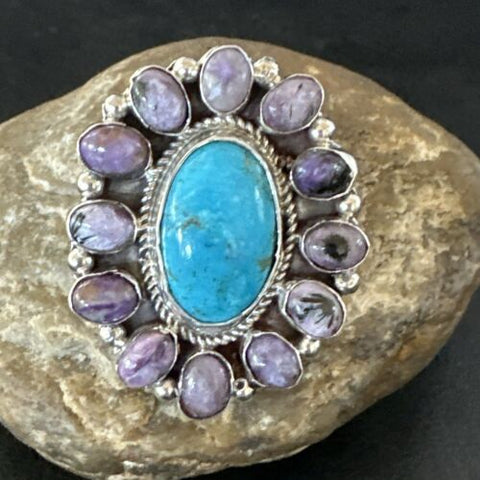 Cluster Kingman Turquoise Charoite Navajo Sterling Silver Ring Size 10.5 17180