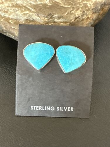 Navajo Blue Kingman Turquoise Post Stud Earrings | Sterling Silver | Authentic Native American Handmade | 17470