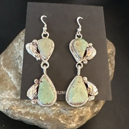 Navajo Green Royston Turquoise Dangle Earrings | Sterling Silver | Authentic Native American Handmade | 16838