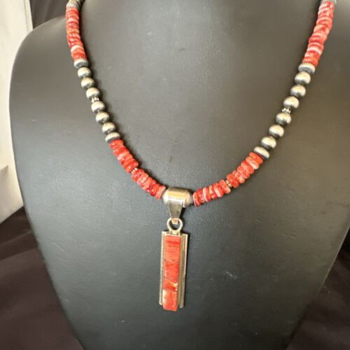 Navajo Red Spiny Oyster Pendant Necklace | Sterling Silver Inlay | Authentic Native American Handmade | 16883