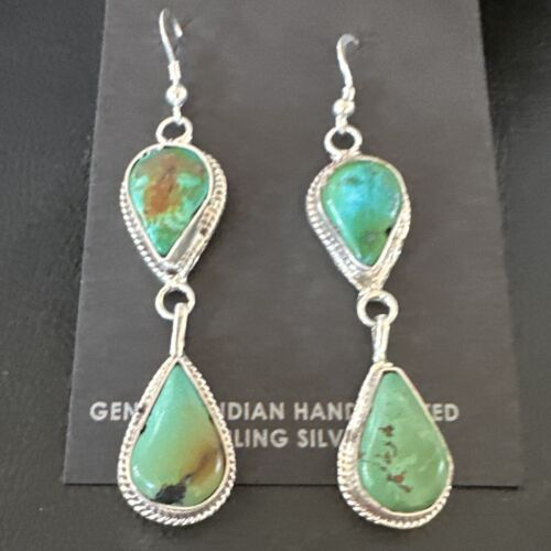 Navajo Green Royston Turquoise Dangle Earrings | Sterling Silver | Authentic Native American Handmade | 16492 - Masha USA