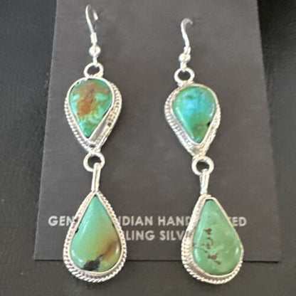 Navajo Green Royston Turquoise Dangle Earrings | Sterling Silver | Authentic Native American Handmade | 16492 - Masha USA