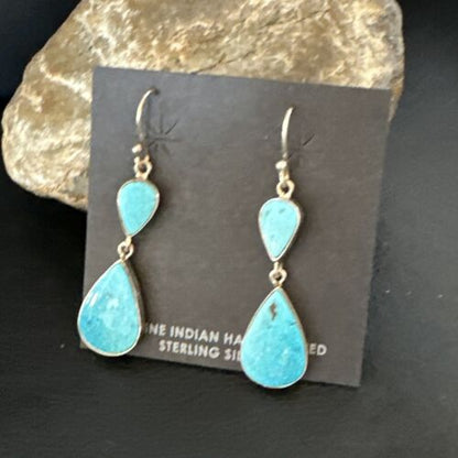 Navajo Blue Kingman Turquoise Dangle Earrings | Sterling Silver | Authentic Native American Handmade | 15110