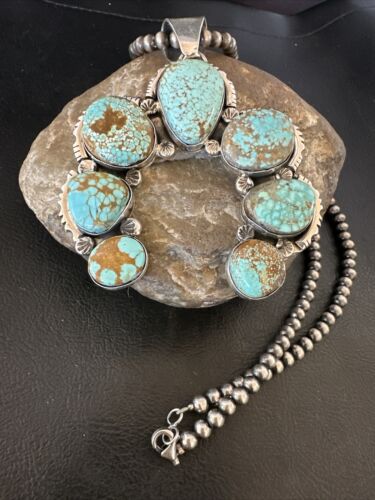 Navajo Blue Turquoise #8 Squash Blossom Necklace Naja Pendant | Sterling Silver | Authentic Native American Handmade | 16896