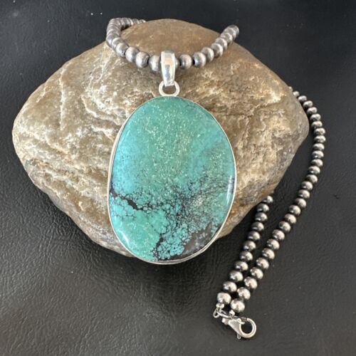 Navajo Blue Spiderweb Turquoise Pendant Necklace | Sterling Silver | Authentic Native American Handmade | 16195