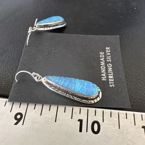 New Blue Opal Inlay Dangle Earrings | Sterling Silver | Authentic Native American Handmade | 16548