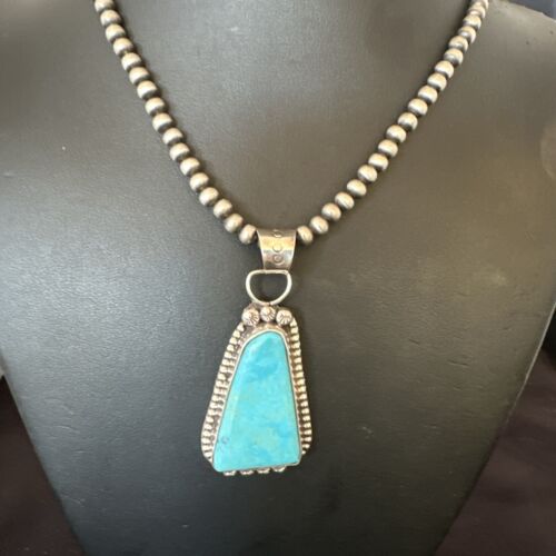 Navajo Pearls Kingman Turquoise Pendant Necklace | Sterling Silver | Authentic Native American Handmade | 17132