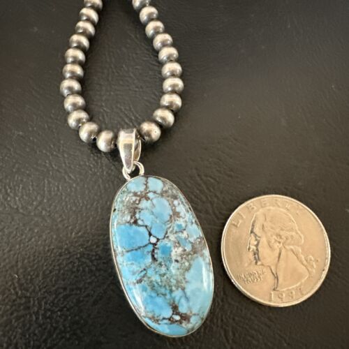 Navajo Blue Spiderweb Turquoise Pendant Necklace | Sterling Silver | Authentic Native American Handmade | 17026