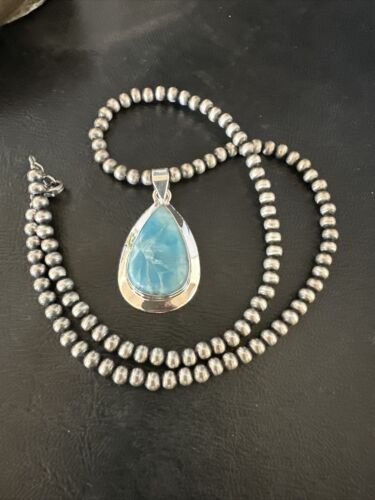 Navajo Blue Larimar Pendant Necklace | Sterling Silver Beads | Authentic Native American Handmade | 17604