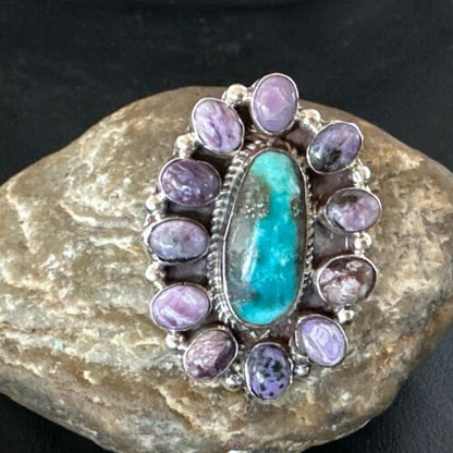 Navajo Kingman Turquoise Charoite Ring | Authentic Native American Sterling Silver | Multi-Stone | Sz 10 | 17181