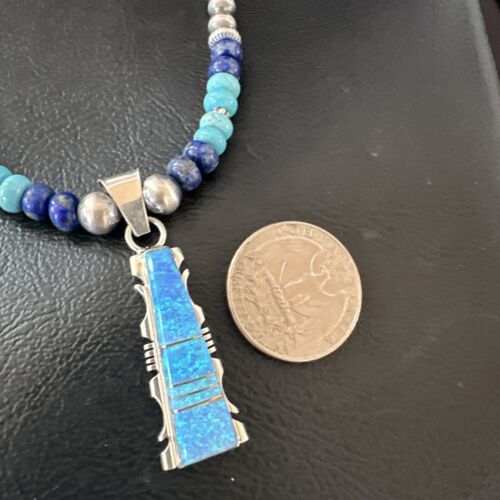 Navajo Opal Inlay Pendant Turquoise & Lapis | Sterling Silver Necklace | Native American Handmade | 16847