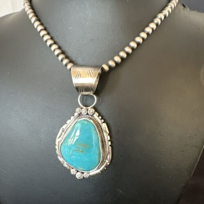 Navajo Pearls Kingman Turquoise Necklace | Sterling Silver | Authentic Native American Handmade | 17131