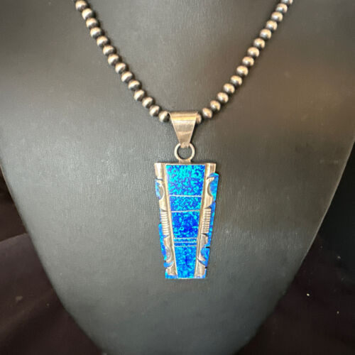 Blue Opal Pendant Necklace | Navajo Pearls & Sterling Silver Beads | Authentic Native American | 15181