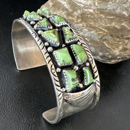 Navajo Green Gaspeite Cluster Cuff Bracelet | Sterling Silver | Authentic Native American Handmade | 16377