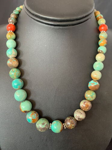 Navajo Green Turquoise & Apple Coral Graduated Necklace | Sterling Silver | Authentic Native American | 18" | 13208