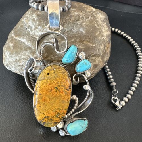 Bumblebee Jasper Turquoise Multi-Stone Pendant | Sterling Silver Necklace | Authentic Native American Handmade | 15947 - Masha USA