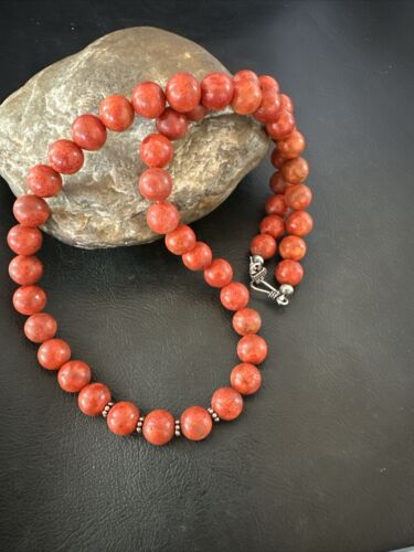 Navajo Apple Sponge Coral Bead Necklace | 10mm | Sterling Silver | 21" | Authentic Native American Handmade | 16817