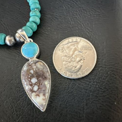 Navajo Wild Horse | Blue Kingman Turquoise Pendant Necklace | Sterling Silver | Native American Handmade | 17573