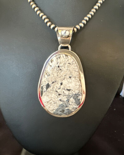 Navajo White Buffalo Turquoise Pendant Necklace | Sterling Silver | Authentic Native American Handmade | 14991