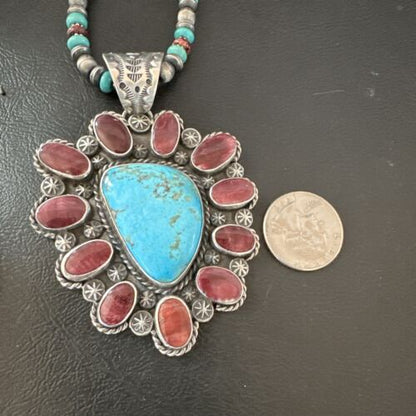 Navajo XL Turquoise Purple Spiny Cluster Pendant Necklace | Sterling Silver | Native American Handmade | 17427