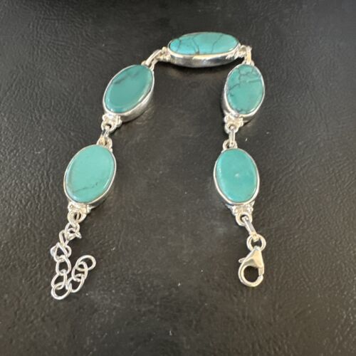 Navajo Blue Turquoise Link Bracelet | Sterling Silver | 8" | Authentic Native American Handmade | 15474