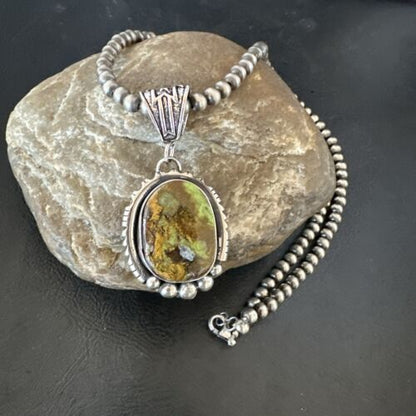 Navajo Green Gaspeite Pendant Necklace | Sterling Silver | Authentic Native American Handmade | 17425