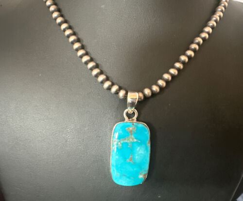 Blue Kingman Turquoise Pendant | Navajo Pearls | Sterling Silver Necklace 20" | 16696