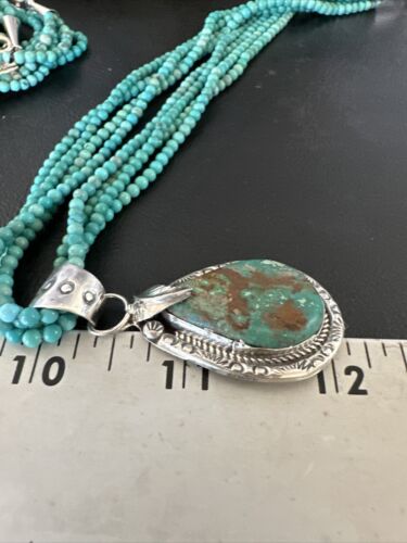 Blue Turquoise Pendant | Navajo Pearls | Sterling Silver Bead Necklace 17" | Multi-Strand | 15994