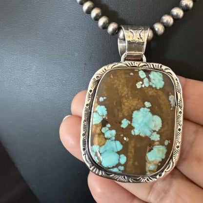 Navajo Blue Turquoise #8 Pendant | Sterling Silver Necklace with Pearls | Authentic Native American Handmade | 16350