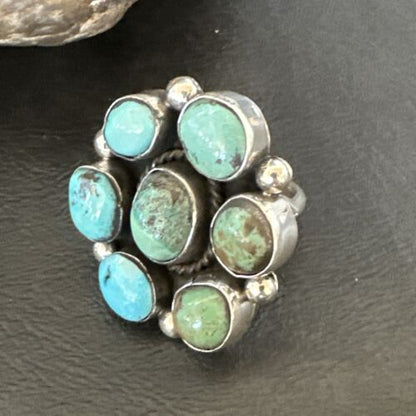 Navajo Blue Turquoise Cluster Ring | Authentic Native American Sterling Silver | Multi-Stone | Sz 9 | 17645