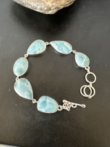 Navajo Blue Larimar Link Bracelet | Sterling Silver | 8" | Authentic Native American Handmade | 16079