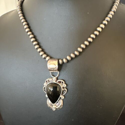 Navajo Pearls Black Onyx Necklace Pendant | Sterling Silver | Authentic Native American Handmade | 16532