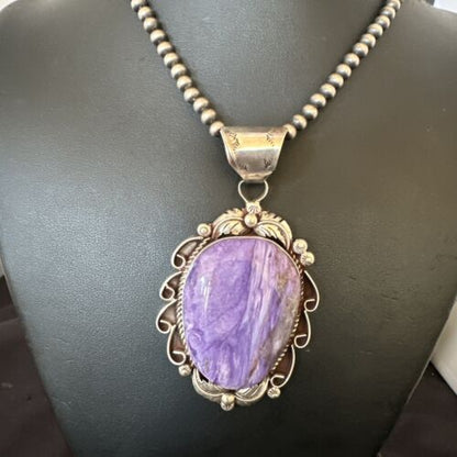 Navajo Purple Charoite Pendant with Pearls | Sterling Silver Necklace | Authentic Native American Handmade | 16654