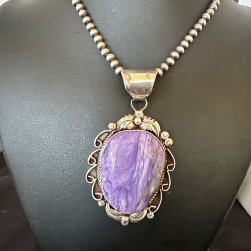 Navajo Purple Charoite Pendant with Pearls | Sterling Silver Necklace | Authentic Native American Handmade | 16654