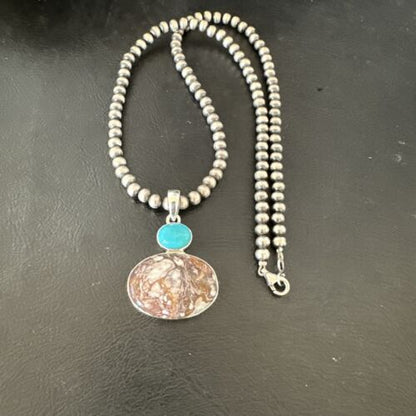Navajo Wild Horse | Blue Kingman Turquoise Necklace | Sterling Silver | Authentic Native American Handmade | 17339