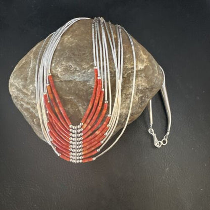 Navajo Red Coral Liquid Silver Heishi Necklace | 10 Strand | Sterling Silver Tubes | 18" | 15139