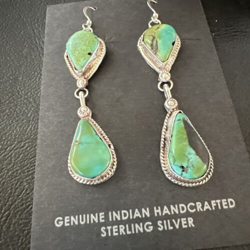 Navajo Green Royston Turquoise Dangle Earrings | Sterling Silver | Authentic Native American Handmade | 17140