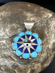Zuni Sun Face Pendant | Turquoise, Mother of Pearl, Onyx Inlay | Sterling Silver | Native American Handmade | 15179