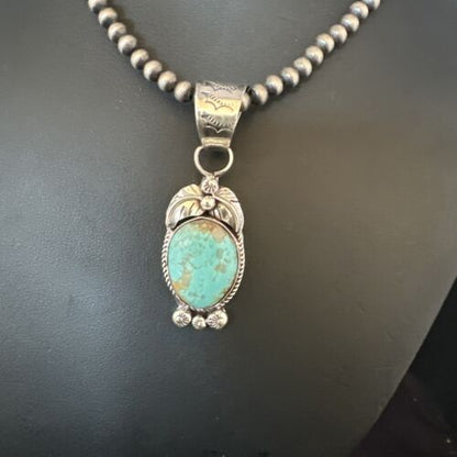 Navajo Blue Turquoise #8 Pendant | Sterling Silver Necklace with Pearls | Authentic Native American Handmade | 15444