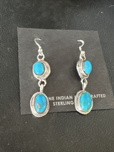Kingman Turquoise Dangle Earrings | Navajo Sterling Silver | Authentic Native American Handmade | 14863