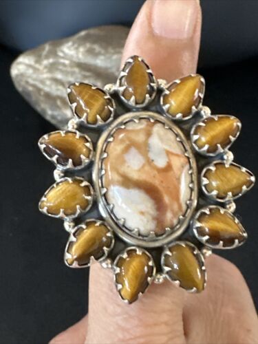 Navajo Coffee Tiger's Eye Cluster Ring | Authentic Native American Sterling Silver | Multi-Stone | Sz 9 | 15183