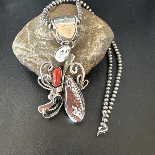 Navajo Sterling Silver Coral Wild Horse Necklace Pendant | Multi-Stone | Authentic Native American Handmade | 15946