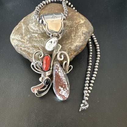 Navajo Sterling Silver Coral Wild Horse Necklace Pendant | Multi-Stone | Authentic Native American Handmade | 15946